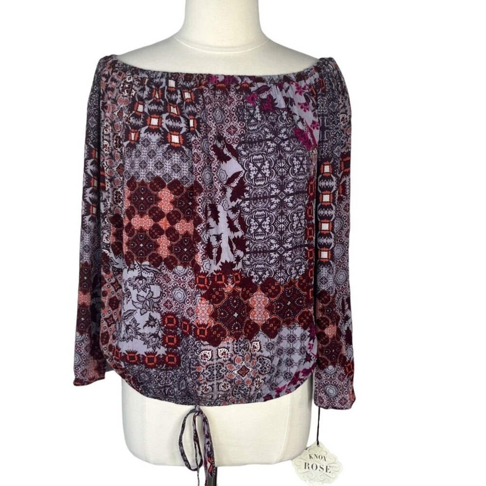 Knox Rose Blouse Peasant Top Womens Small Burgundy New Boho Patchwork Cottage